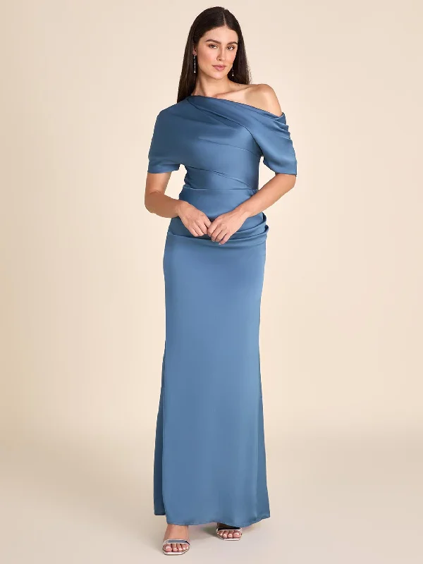 Formal Dress for Military BallsOne-Shoulder Satin Gown With Pleated Detail