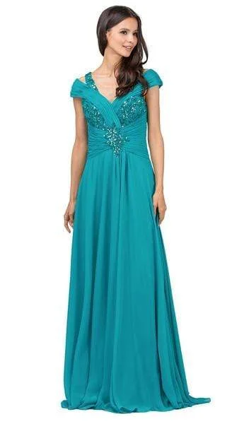 affordable prom dressesDancing Queen - Embellished Ruched V-neck A-line Prom Dress 9043 - 1 pc Teal In Size S Available