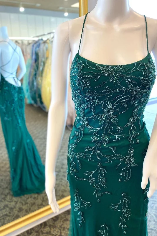 Formal Dress for Historical ReenactmentsHunter Green Floral Bead Lace-Up Back Mermaid Long Formal Dress