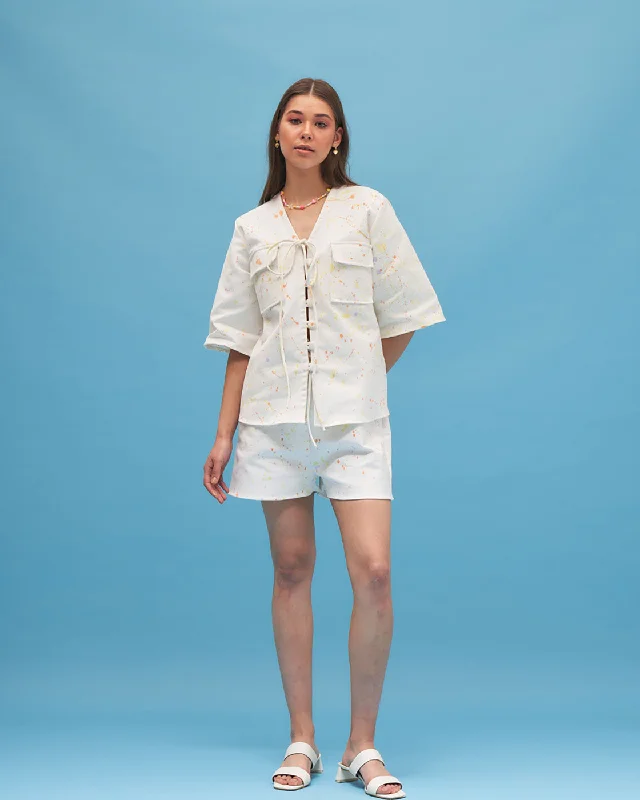 women's tops for those who love to dress up their casual looks with stylish topsWhite Hand Painted Shirt And Shorts Set