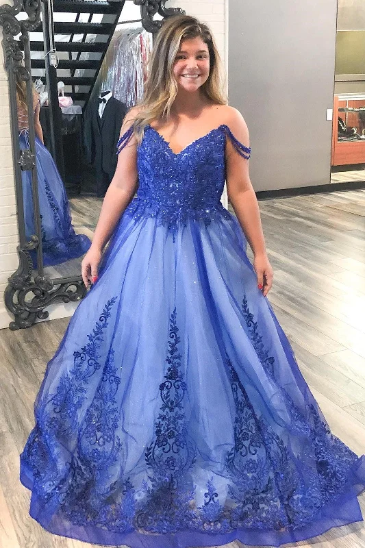 Formal Dress for Vintage ThemesRoyal Blue Off the Shoulder Appliques Tulle Formal Dress