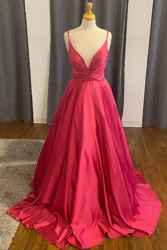 Formal Dress for PageantsA-Line Red Satin Plunge Neck Long Formal Dress