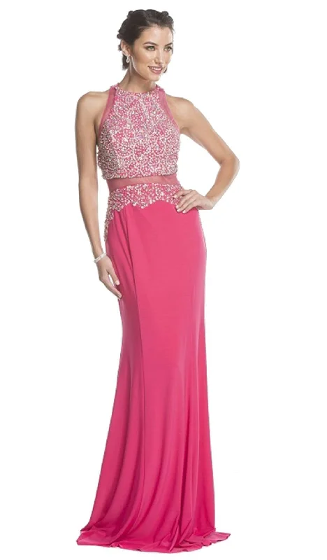 prom dresses with built-in petticoatsTrevi Collection - Mock Two Piece Jeweled Halter Prom Dress