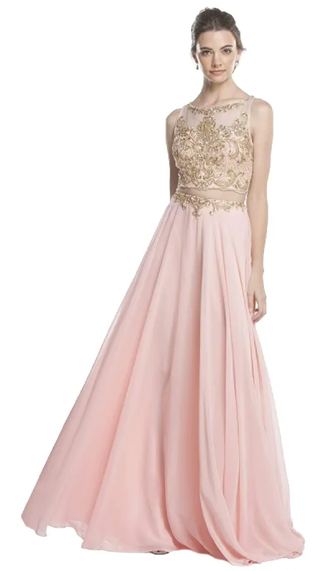 high-slit prom dressesTrevi Collection - Sleeveless Sheer Bateau A-line Prom Dress