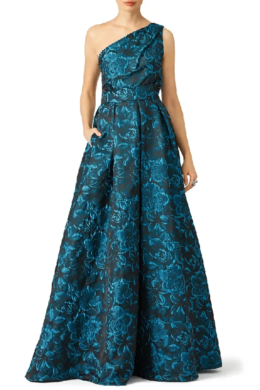 Formal Dress for Vintage Car ShowsS - slate & willow blue one shoulder floral gown