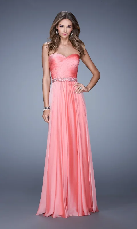 Formal Dress for Sustainable Fashion0 - la femme coral pleated wrap bodice gown with embellished waist