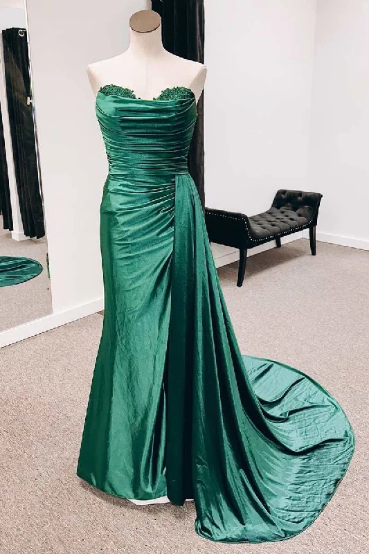 Formal Dress for Business EventsGreen Satin Strapless Long Formal Dress with Attached Train