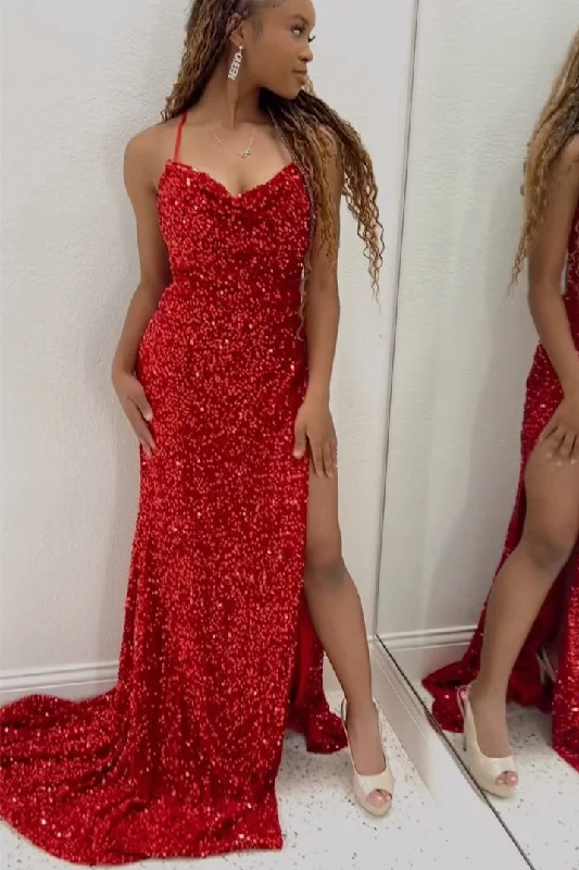 Formal Dress for Outdoor WeddingsRed Sequin Mermaid Side Slit Long Formal Dress