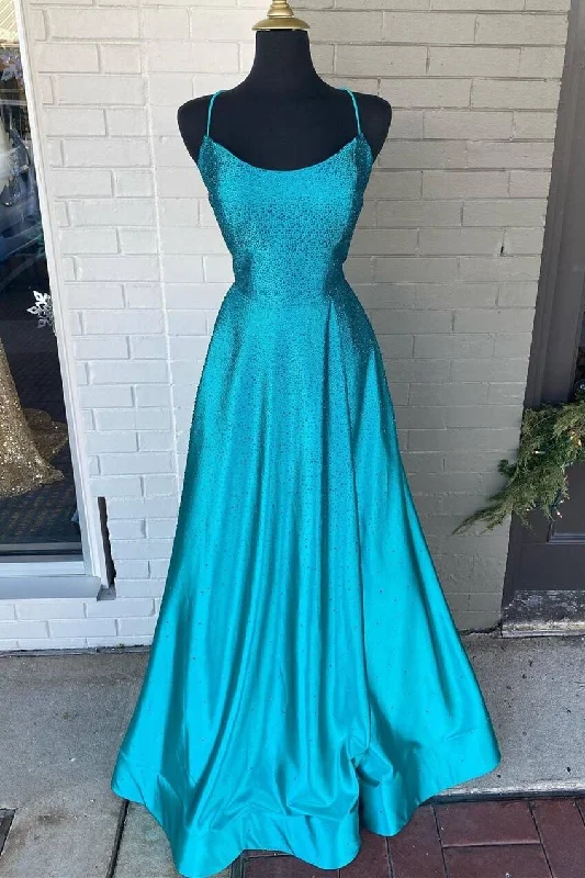 Formal Dress for Small WeddingsSpaghetti Straps Beaded Teal Blue A-line Long Formal Dress