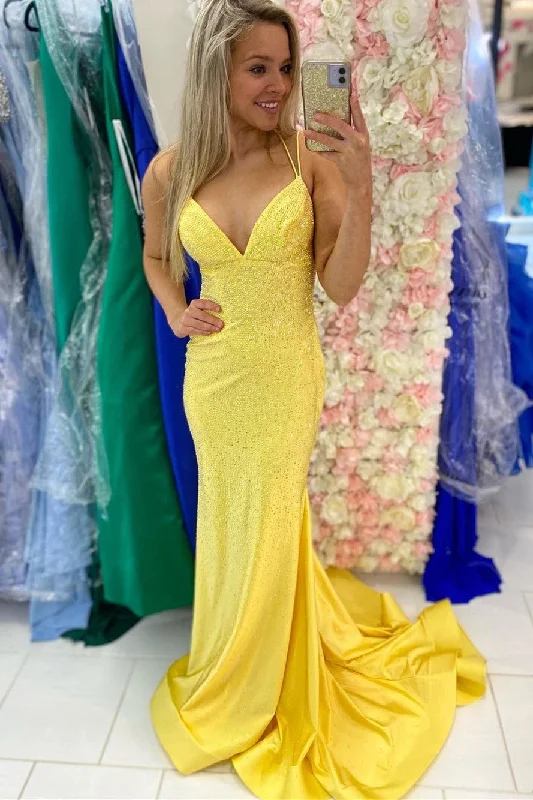 Formal Dress for Civil CeremoniesEmpire Yellow Beaded Mermaid Long Formal Dress