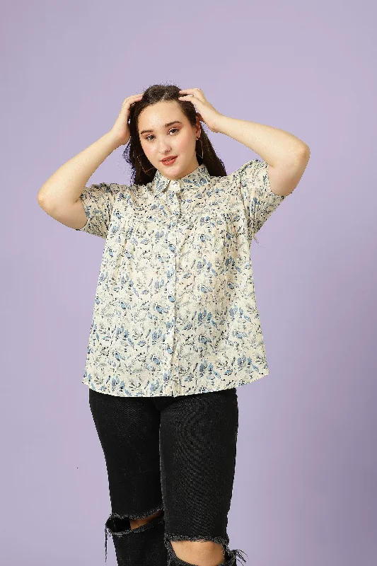 women's tops for those who want to create outfits that are both trendy and timelessFloral Printed Shirt Collar Puff Sleeve Pleated Shirt Style Top