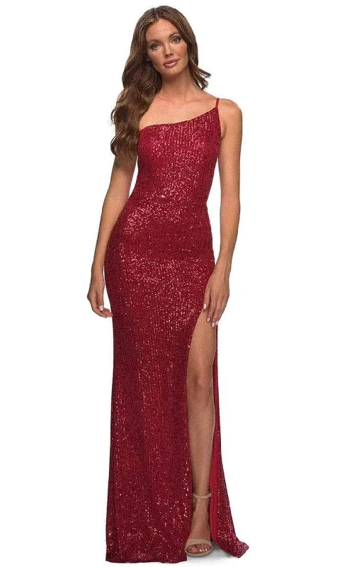 prom dresses for pear shapesLa Femme - One Shoulder Fitted Prom Gown 30391SC - 1 pc Red In Size 8 Available