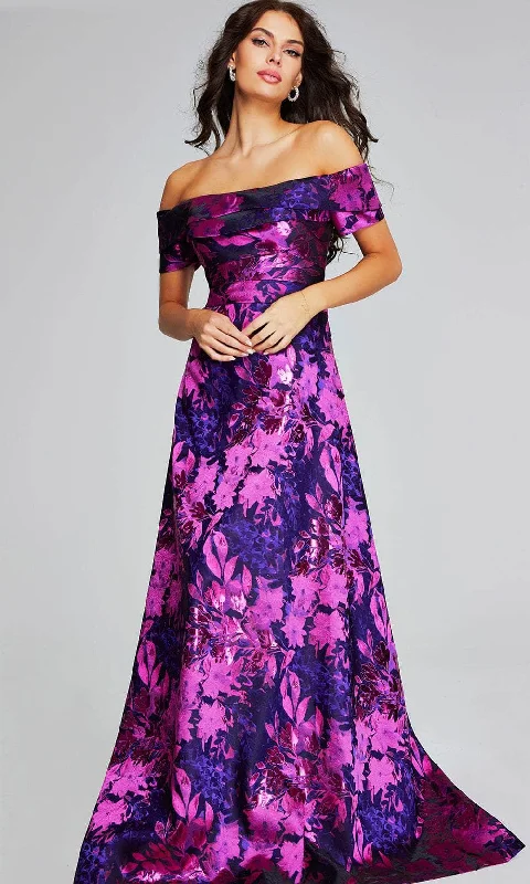 prom dress color trendsJovani 42506 - Floral Printed Off-Shoulder Prom Gown