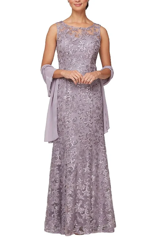 Formal Dress for Academic AwardsSleeveless Illusion Neck Embroidered Gown In Lavender