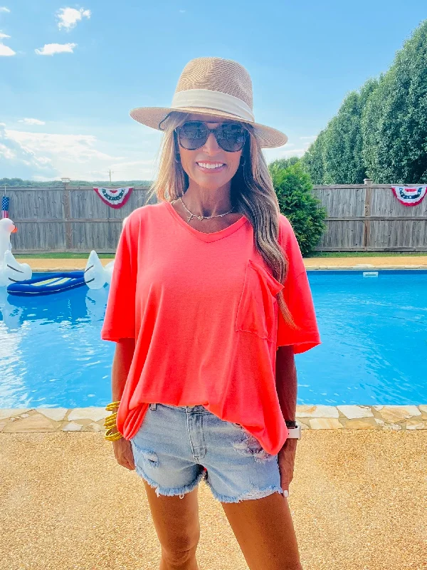 women's tops for those who want to show off their figure in a flattering waySUNNY DAY DARLING TOP- NEON CORAL -SUMMER SALE