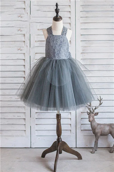 Formal Dress for Urban ThemesBall Gown Halter Grey Flower Girl Dress with Bow