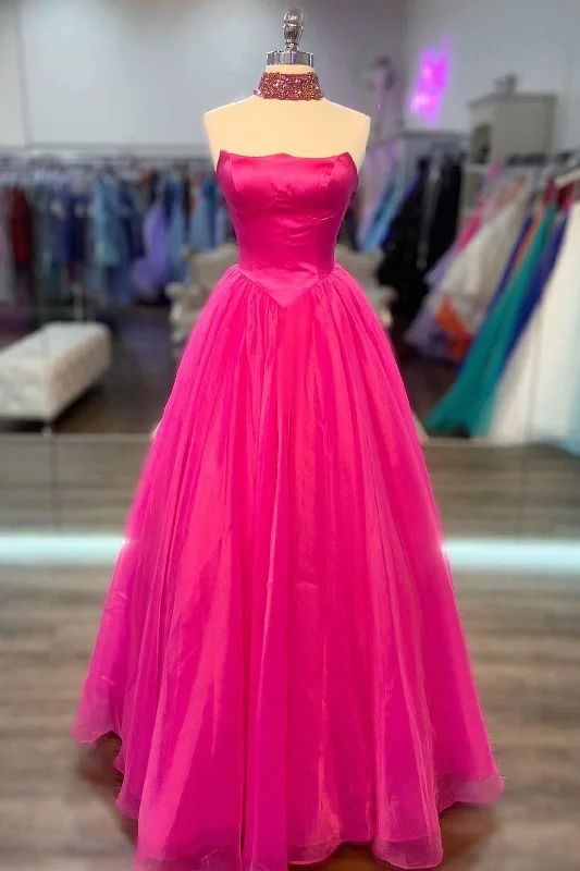 Formal Dress for PromsHot Pink Strapless Ball Gown with Pockets