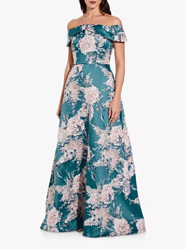 Formal Dress for Opera Nights4 - adrianna papell teal off the shoulder floral jacquard gown