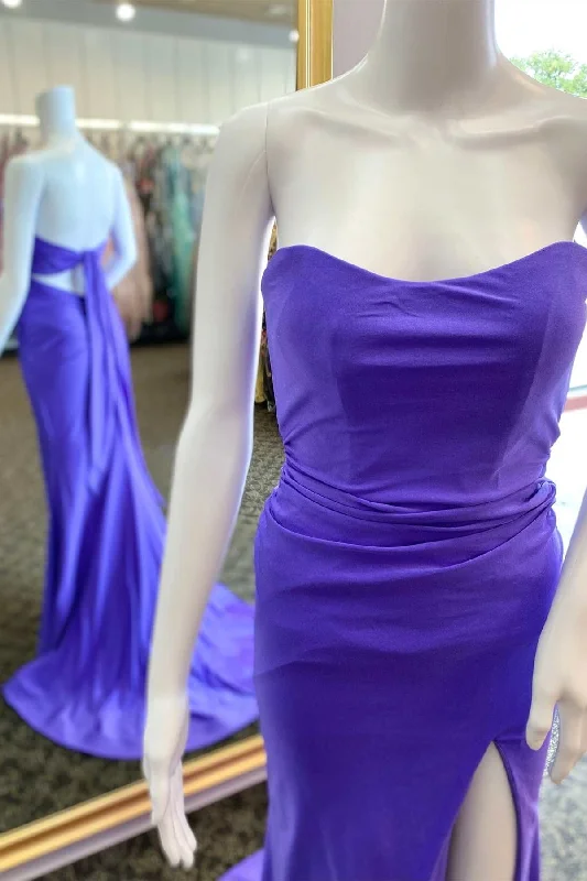 Formal Dress for Eco-Friendly ThemesPurple Strapless Tie-Back Mermaid Long Formal Dress with Slit