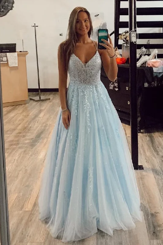 Formal Dress for Winter Formal EventsStraps Light Blue A-line Long Formal Dress