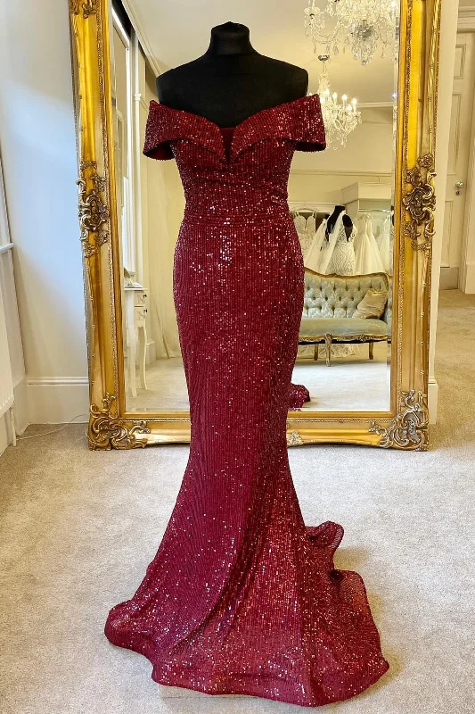 Formal Dress for Ballet PerformancesOff the Shoulder Burgundy Sequins Mermaid Long Formal Dress