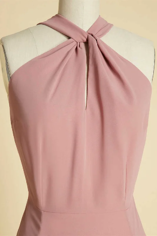 Formal Dress for Vintage Car ShowsDusty Pink Twist-Front Backless Long Formal Dress