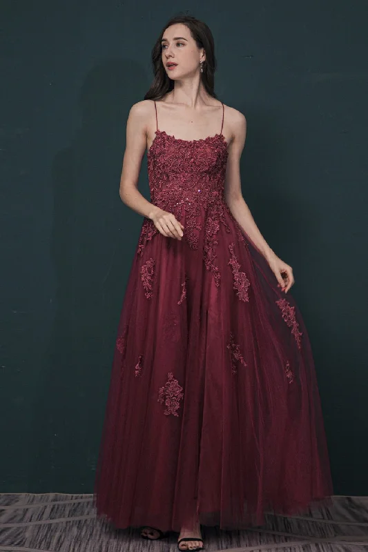 Formal Dress for Theater OpeningsBurgundy A-line Lace Appliques Long Formal Dress