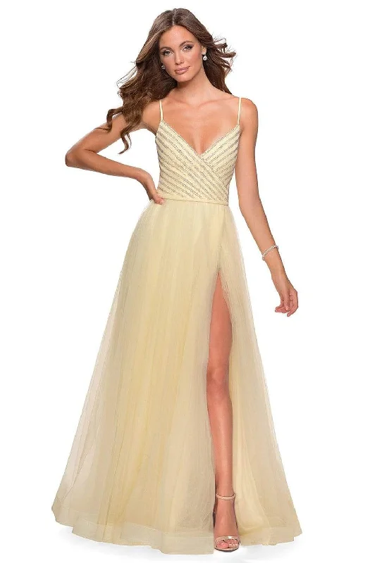 elegant prom dressesLa Femme - 28511 Asymmetric Rhinestone Beadings Tulle Prom Dress