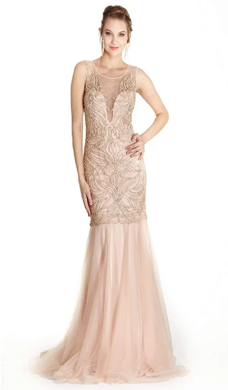 lace-up prom dressesTrevi Collection - Embellished Illusion Scoop Trumpet Prom Dress