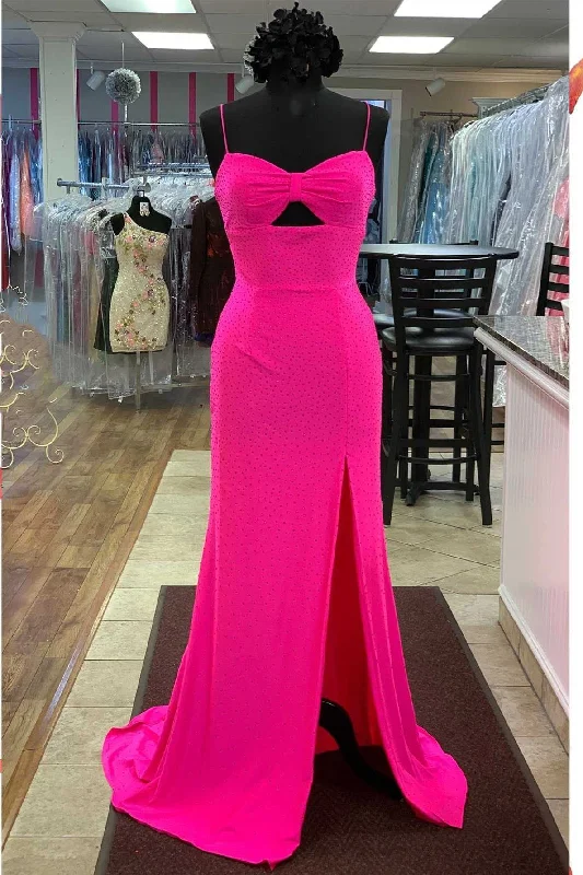 Custom Formal Dress TailorsHot Pink Beaded Keyhole Straps Mermaid Long Formal Dress with Slit