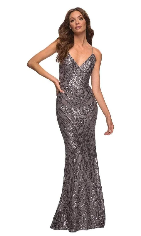 beaded prom dressesLa Femme - Strappy Back Sequin Prom Gown 30496SC - 1 pc Gunmetal In Size 2 Available