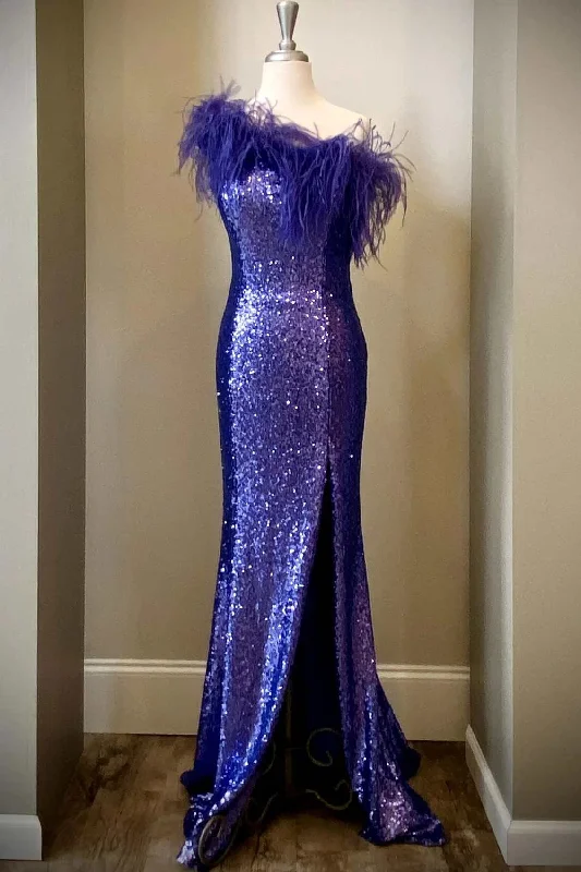 Formal Dress for Horse RacesPurple Sequin Feather One-Shoulder Long Formal Dress with Slit