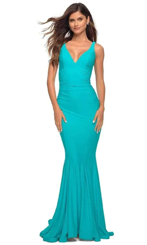 bespoke prom dressesLa Femme - Low V-Neck Ruched Prom Gown 30746SC