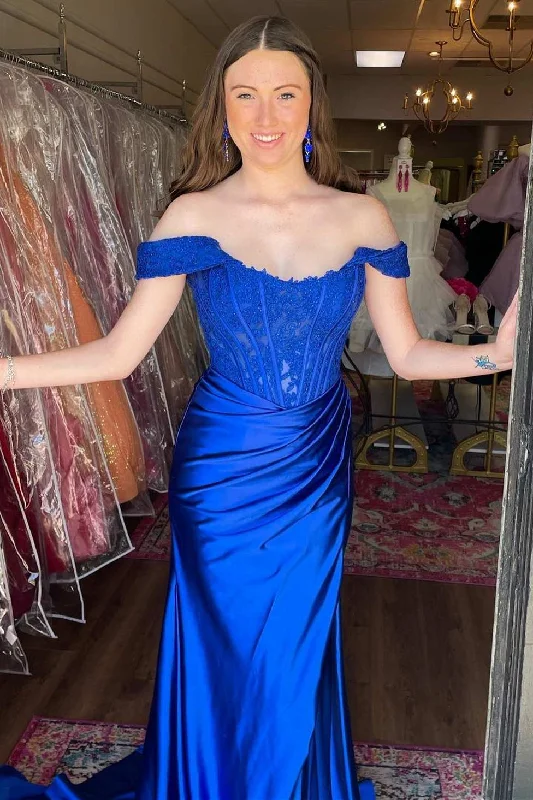 Formal Dress for Emmy AwardsRoyal Blue Lace Satin Off-the-Shoulder Mermaid Long Formal Dress