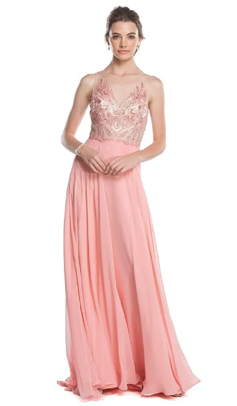 short prom dressesTrevi Collection - Embellished Illusion Neck A-line Prom Dress