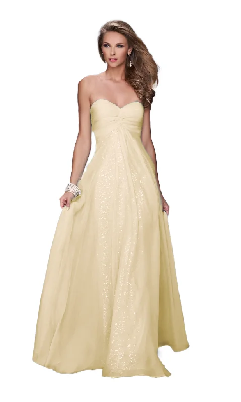 Formal Dress Rental Services4 - la femme lemon yellow strapless sequin gown with chiffon overlay