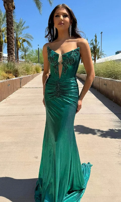 bodycon prom dressesPortia and Scarlett PS25320 - Plunging Neck Beaded Applique Prom Gown