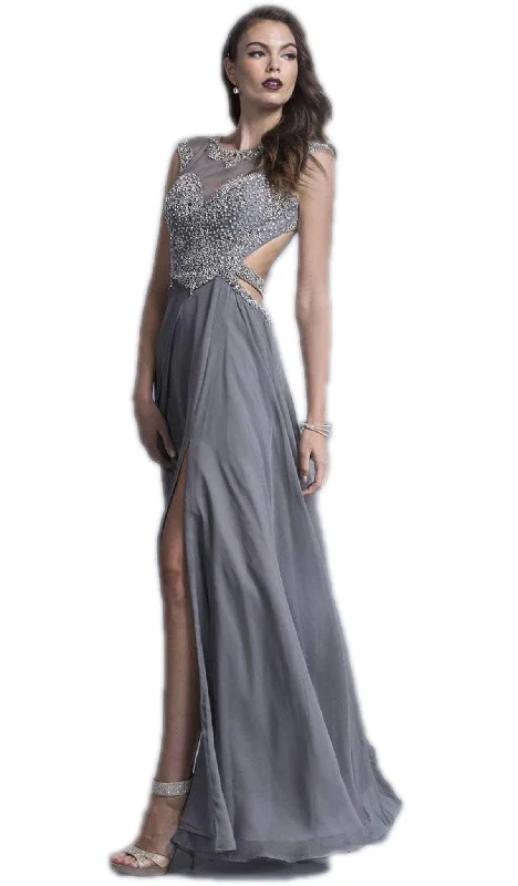 maxi prom dressesTrevi Collection - Jeweled Illusion Bateau Fitted Simple Prom Dress