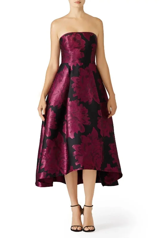 Formal Dress for Formal Dances2 - slate & willow black & magenta strapless floral tea length gown