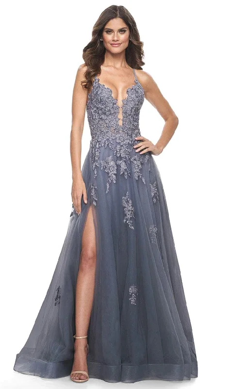 flowy prom dressesLa Femme 31472 - Beaded Appliqued Plunging Prom Gown