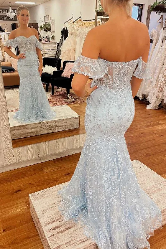 Formal Dress for Semi-Formal EventsLight Blue Lace Sweetheart Off-the-Shoulder Mermaid Long Formal Dress