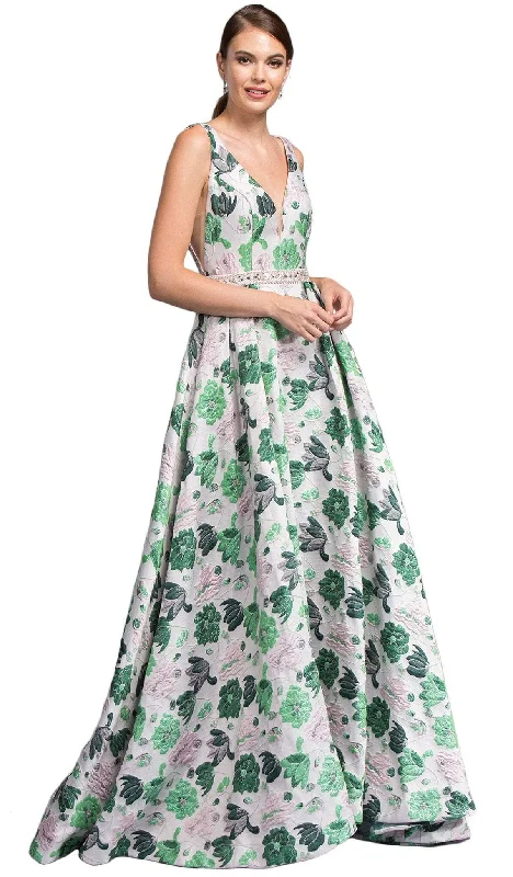 prom dresses with trainsTrevi Collection - Floral Print Deep V-neck A-line Prom Dress