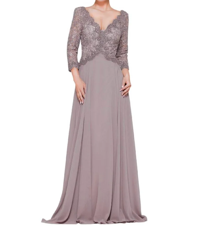 Formal Dress for Outdoor WeddingsQuarter Sleeve Scalloped Lace Gown In Taupe