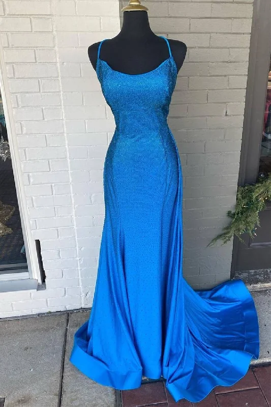 Formal Dress for Indoor WeddingsBlue Beaded Mermaid Straps Long Formal Dress