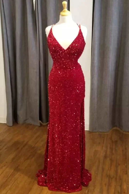 Formal Dress for Fashion WeeksRed Sequin V-Neck Mermaid Long Formal Dress