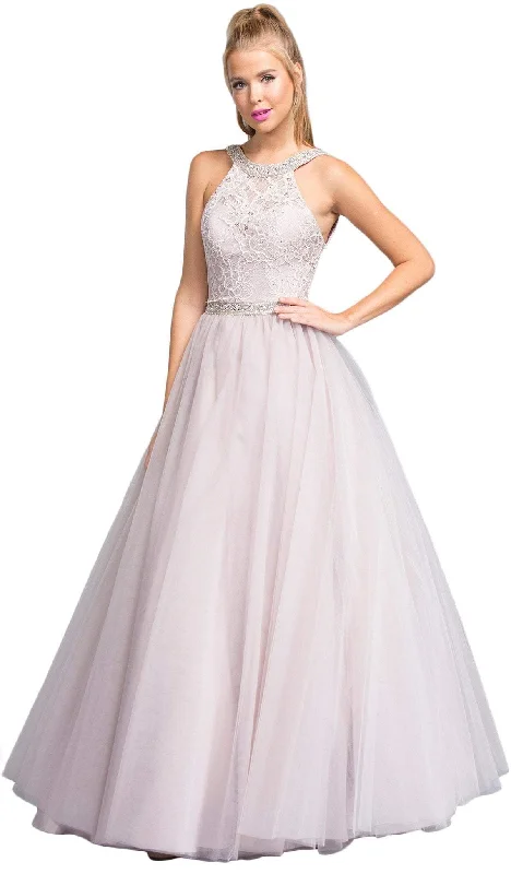 prom dress style guidesTrevi Collection - Jeweled Lace Halter Prom Ballgown