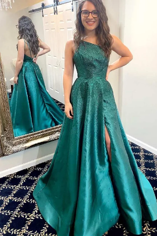 Formal Dress for Destination WeddingsOne Shoulder Green A-line Long Formal Dress