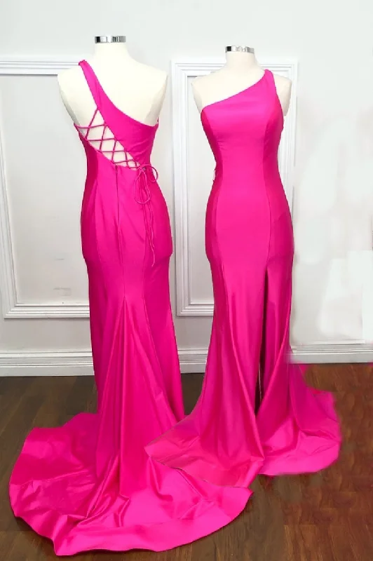 Formal Dress for Golden GlobesOne Shoulder Hot Pink Mermaid Long Formal Dress