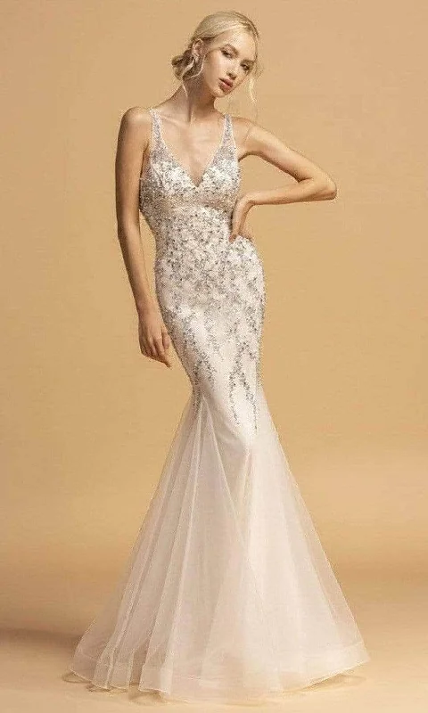 mermaid prom dressesTrevi Collection - L2205 Plunging V-Neck Sleeveless Prom Dress