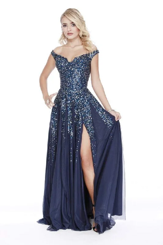 prom dresses for tall girlsShail K - Off Shoulder Sequin Embellished High Slit Prom Dress 12202 - Navy in Size 2 Available